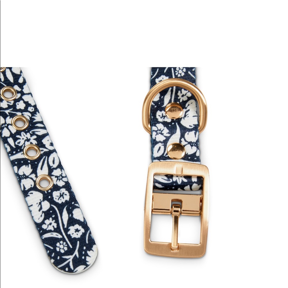 Bond & Co Navy Blue & White Floral & Plaid reversible Dog collar